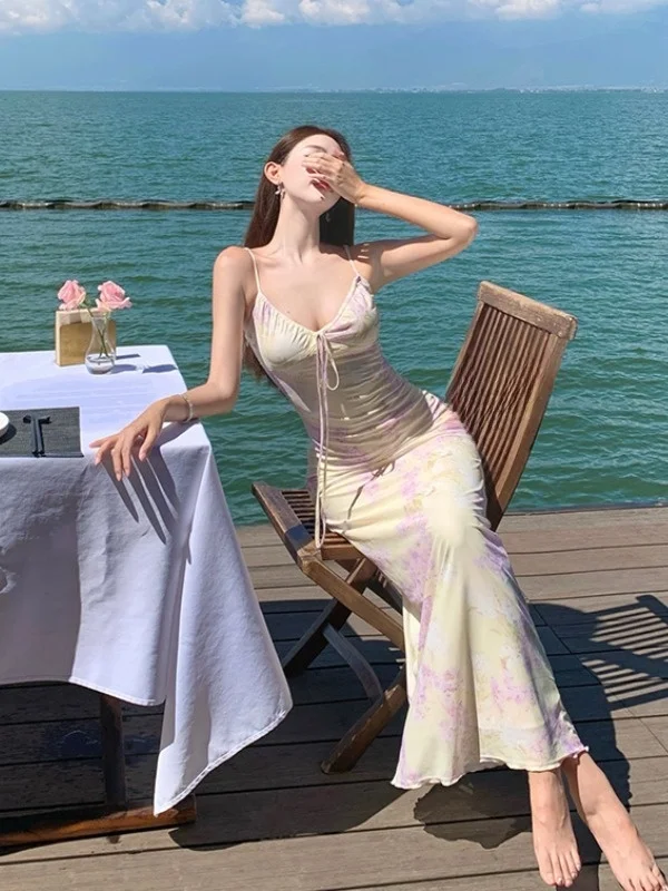 여름 롱 플로럴 프린트 테르 네 가운 비치 바캉스 허리 조임 드 프렌치 슬레 소프트 미 노 스베 V넥 폴리에스터...