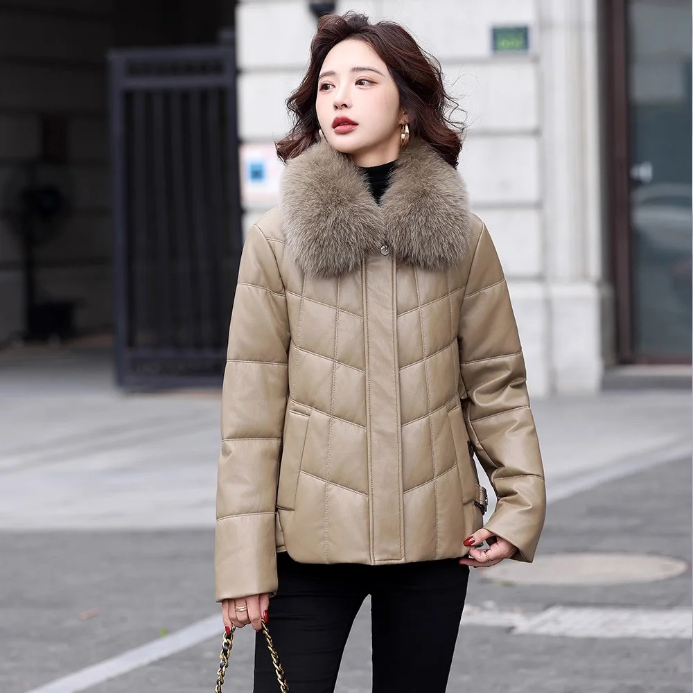 

Новый женский осенне-зимний кожаный пуховик с воротником из лисьего меха, кожаное пальто со свободной талией, повседневная повседневная верхняя одежда, женская