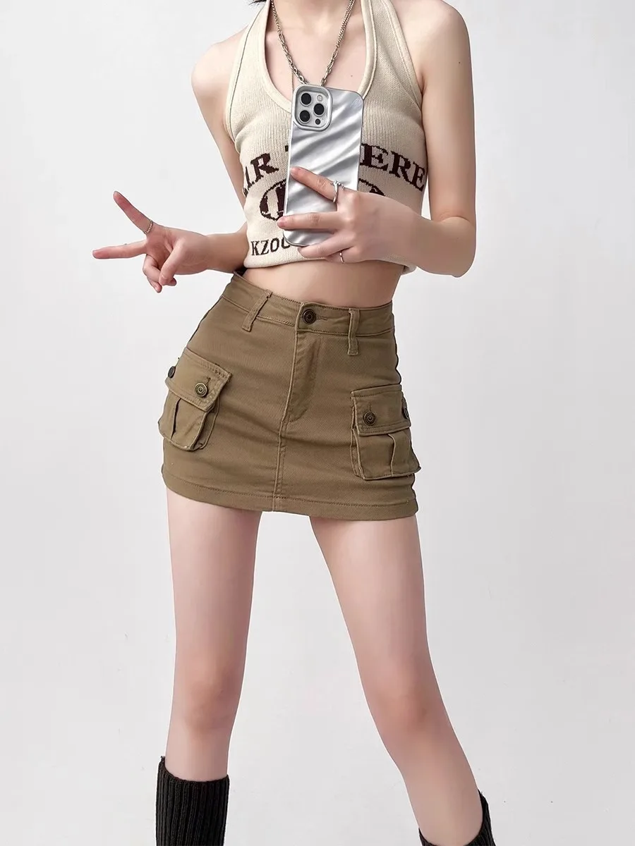 Falda vaquera de color caqui para mujer, moda retro americana, Falda corta acampanada de cintura alta y abraza la cadera, pantalones de falda BM, 20