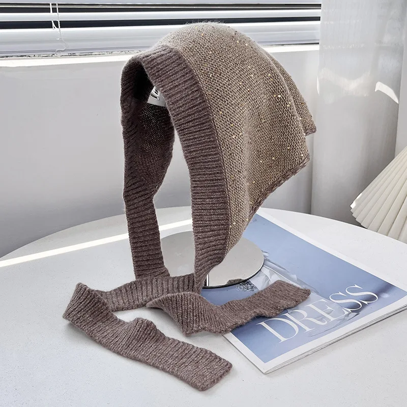 Koreanische Mode: Pailletten-Dreieckstuch aus Kaninchenhaar-Mischgewebe für Herbst und Winter, vielseitiges gestricktes Stirnband mit Schnürung für Damen – Detail 7