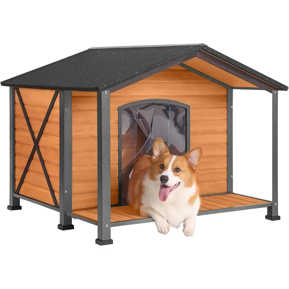 Dog House with Anti-Chewing Metal Frame Outdoor Large Wooden Dog Kennel Outside with Overhang Roof Large Porch Weather