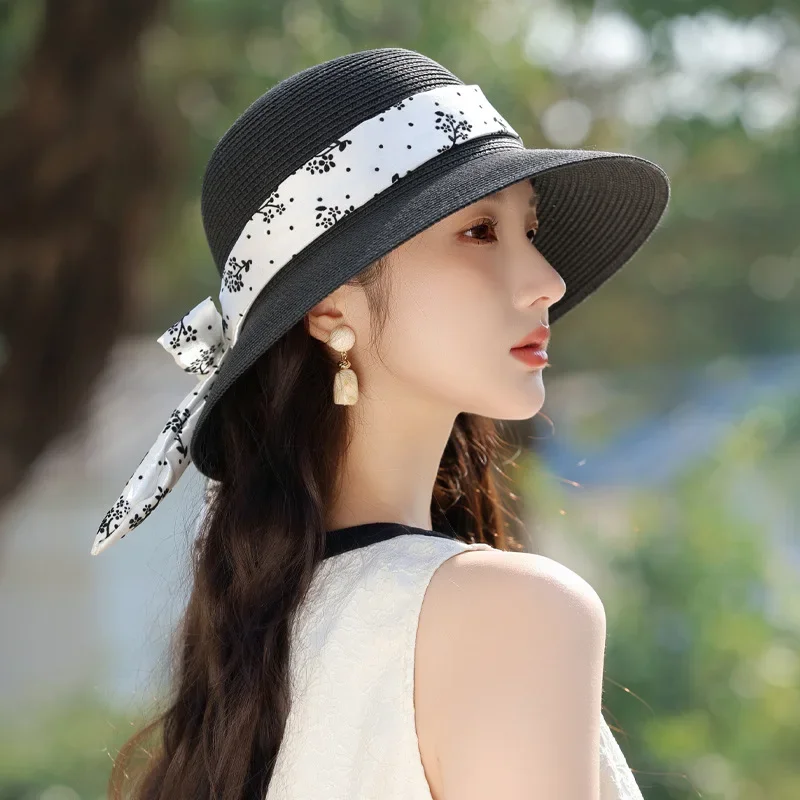 

Summer Women's Hat with Bow Ribbon - Wide Brim Straw Hat for Beach, & Face Slimming
