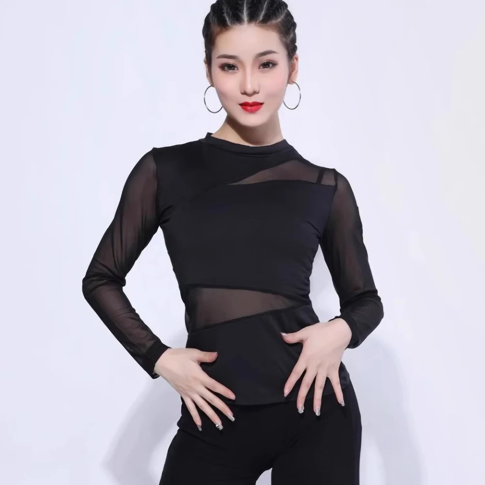 Dancing Top Short Sleeve Samba Latin Dance New Professional Dance Dress Ball Mesh Sexy Shirt Round Neck