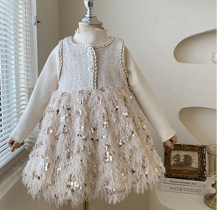 

New Baby Girls Winter Fashion Sets Tassel Sequined Vest Dress + Long Sleeve Underwear Princess Elegant Suits 2-7T