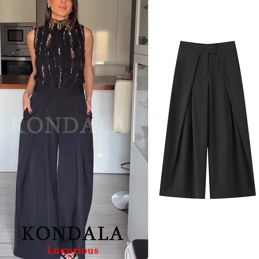 KONDALA Casual chique wijde pijpen broek dames kantoor dame zakken geplooide lange broek mode 2026 lente zomer streetwear broek