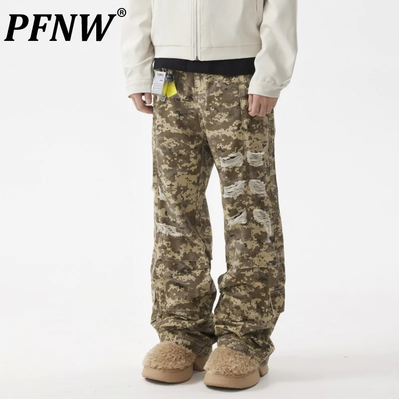 PFNW American Worn-out Camouflage Hole Cargo Pants Male Vintage Street Loose Straight Leg Trousers Men Autumn Trendy New 28W4483