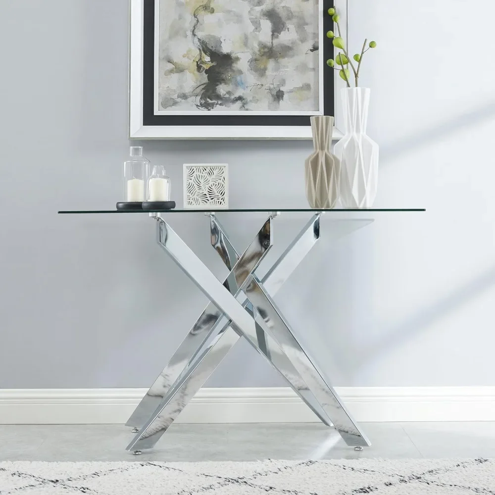 Modern Style Console Table Narrow Sofa Table with Tempered Glass Top and Metal Tubular Legs, 45