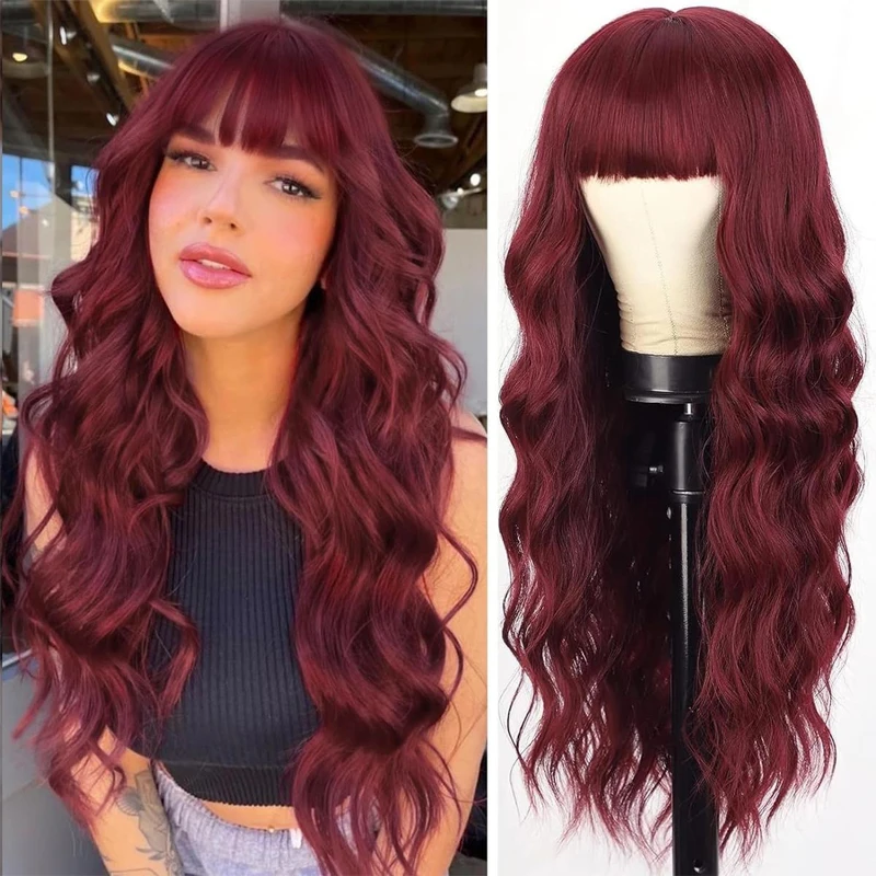 

28inch Synthetic Woman Wigs with Bangs Long Wavy Curly False Hair for Daily Cosplay Halloween Party Festival Use Heat Resistant
