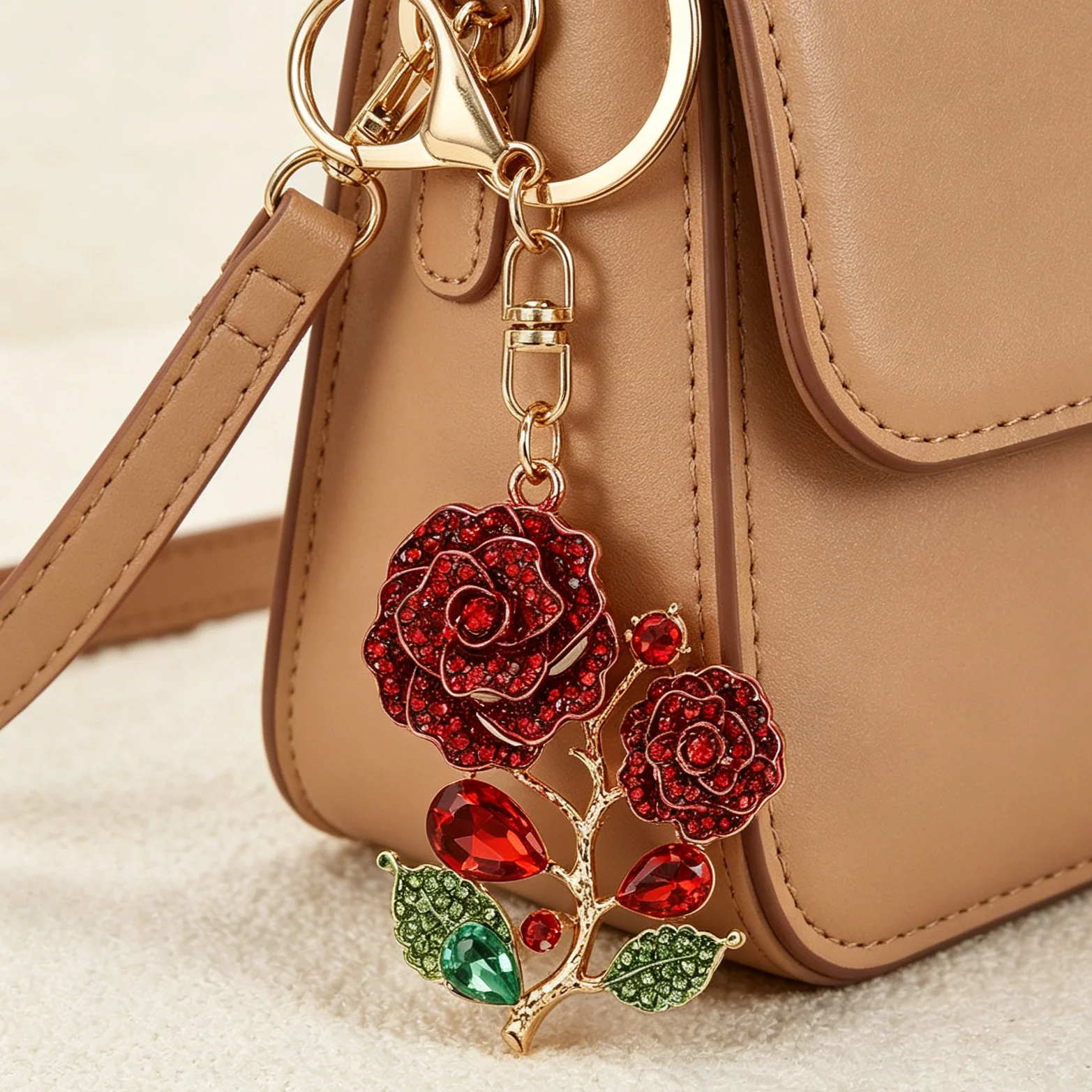 Kreativer Niedlicher Strass-Rosen-Autoschlüsselanhänger Damen-Taschenaccessoires Blumen-Metallanhänger Schmuckgeschenk – Detail 1