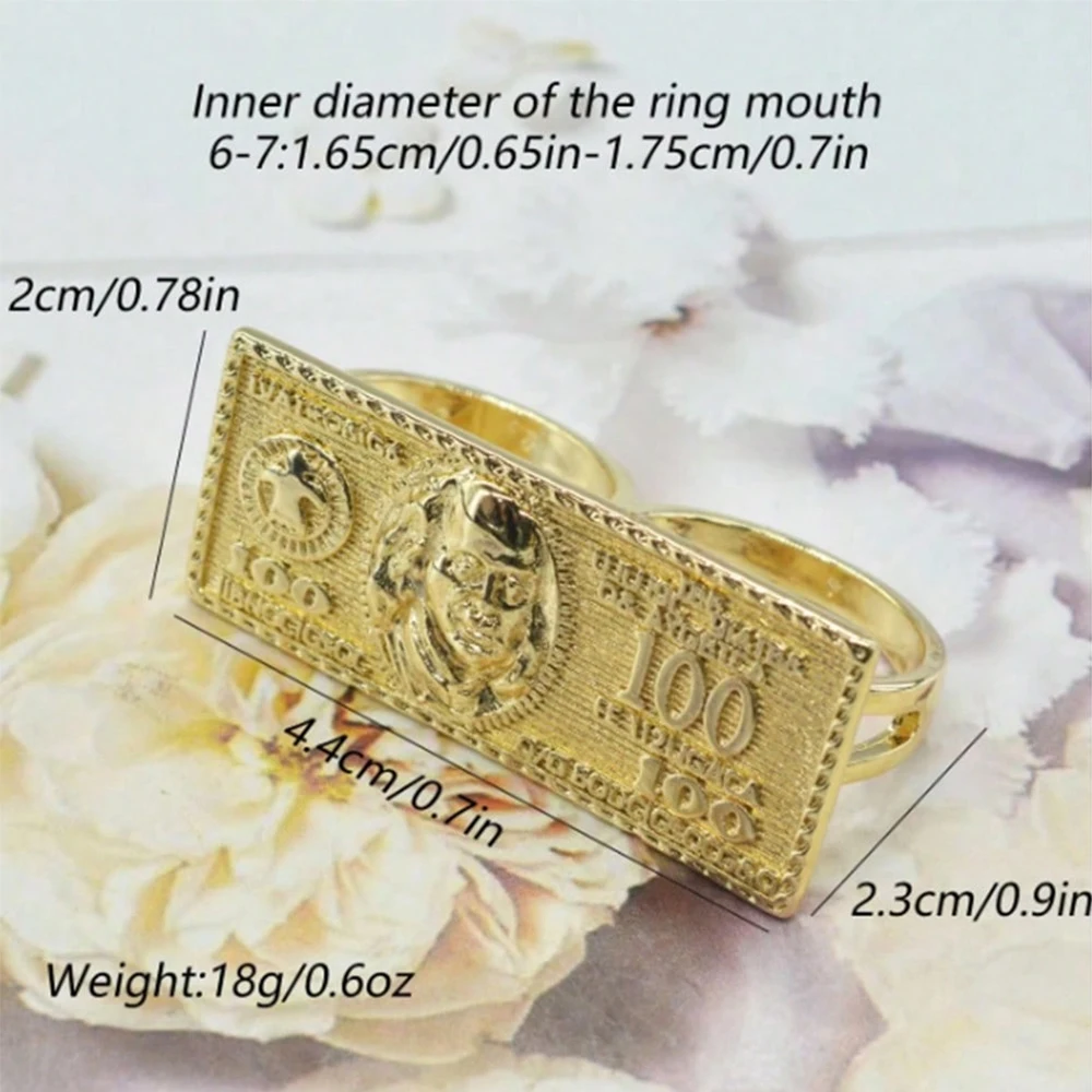 Gold Plated 100 Dollar Bill Adjustable Open Ring Vintage US Money Statement Finger Ring Men Women Hip Hop Jewelry view 4