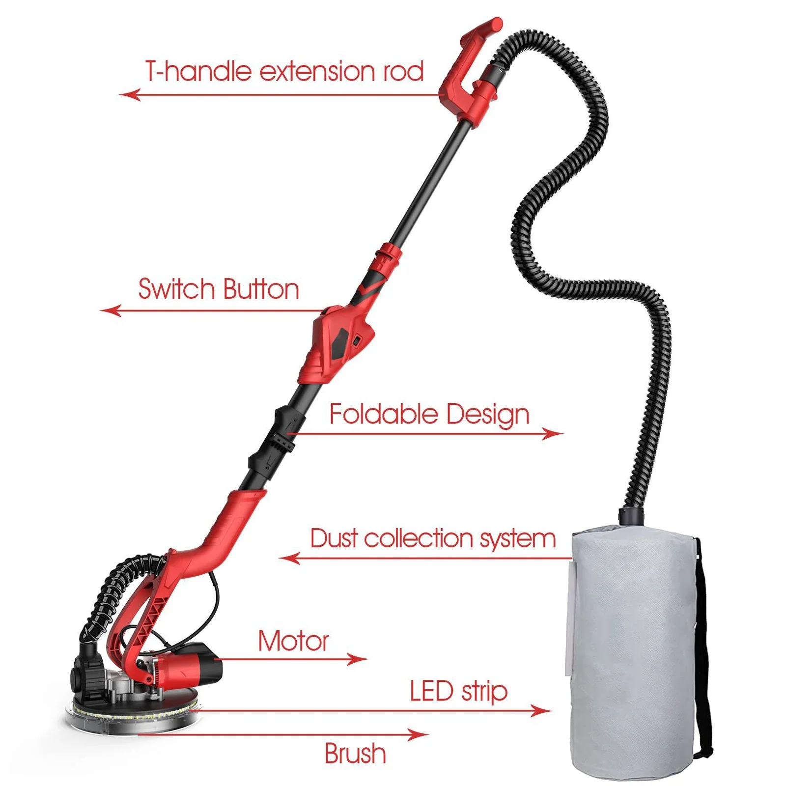 Drywall Sander 750W Wall Sander w 14PCS Sanding Discs 6 Variable Speed 1000-1850RPM Electric Drywall Sander Foldable Handle