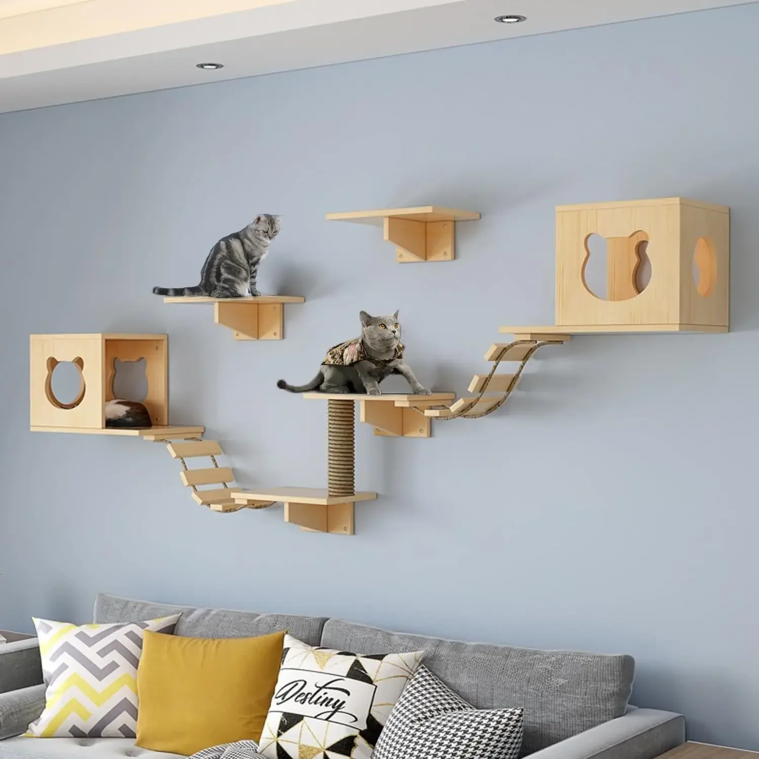 DIY Wall-Mounted Cat Tree Climbing Furniture Set Indoor Wall Shelf Cat House Includes 2 Litters 4 Sets 2 Ladders 1 Column