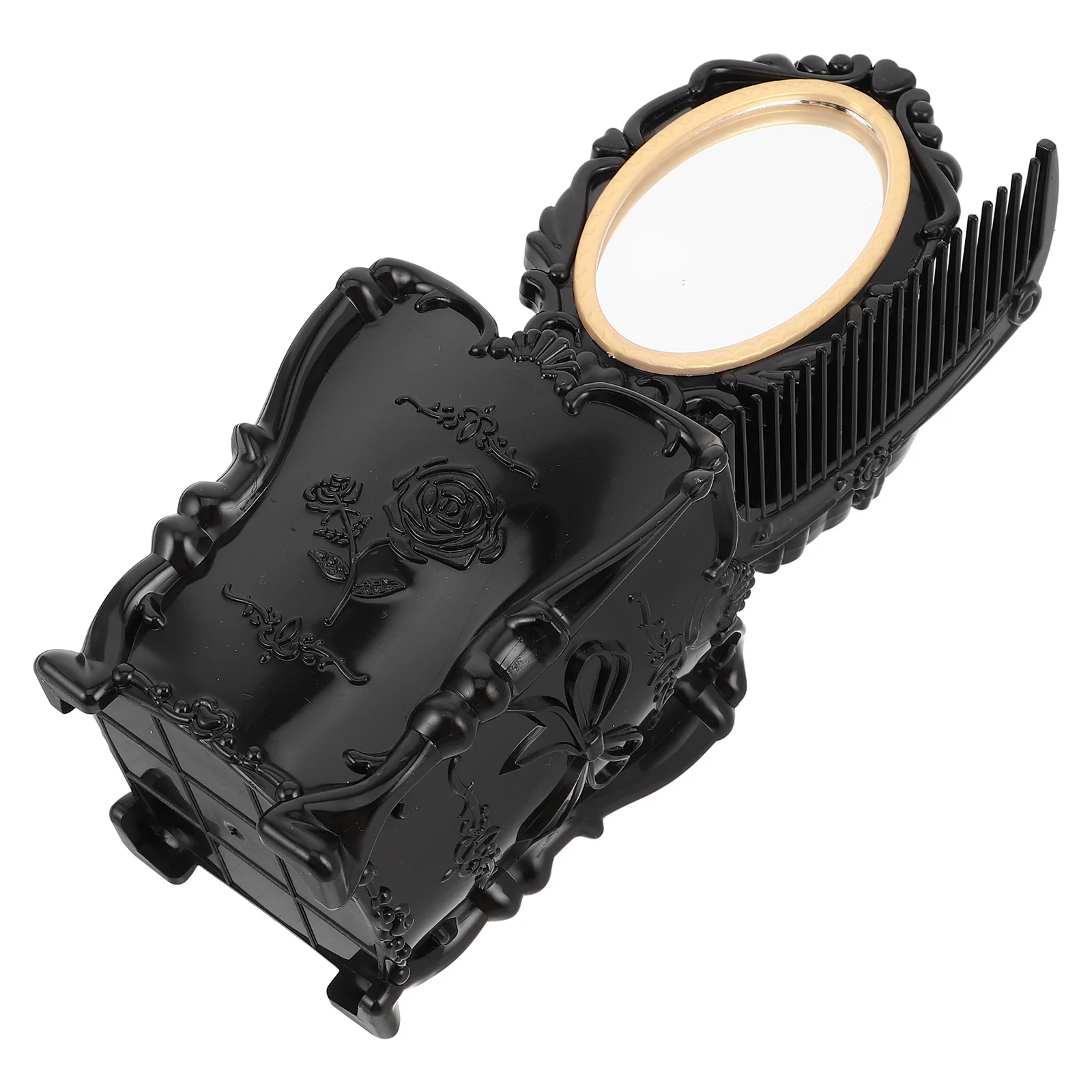 

Black PVC Box Vintage Hair Comb Set Makeup Mirror Wide Tooth Comb Hair Brush Cleaner Vanity Accessories Vintage Handheld Mirror