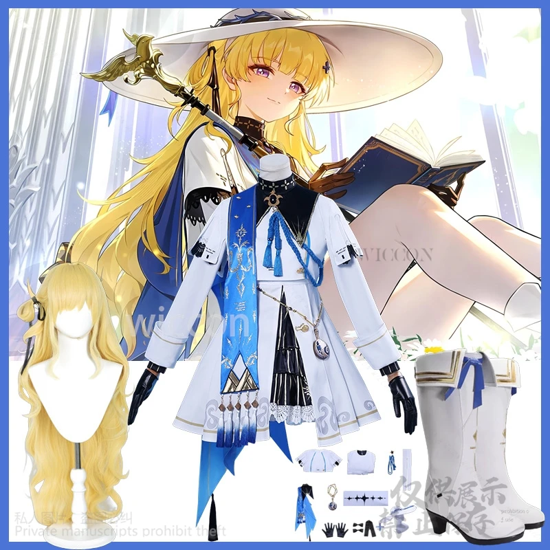 

Phoebe Cosplay Anime Game Wuthering Waves Costume Noble Court Styles Blue Dress Lolita Hat Wigs For Jirai Kei Girls Customized