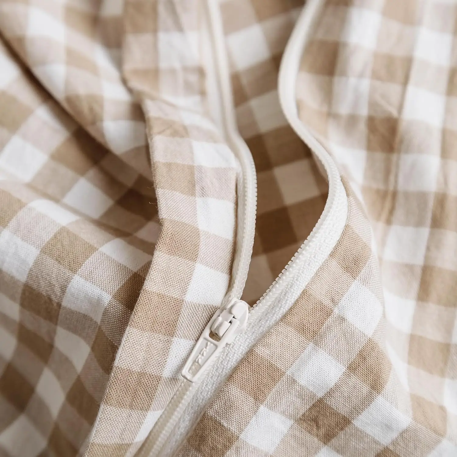 Conjunto de capa de edredom King Size Gingham – 100% algodão lavado, design xadrez bege com zíper e laços