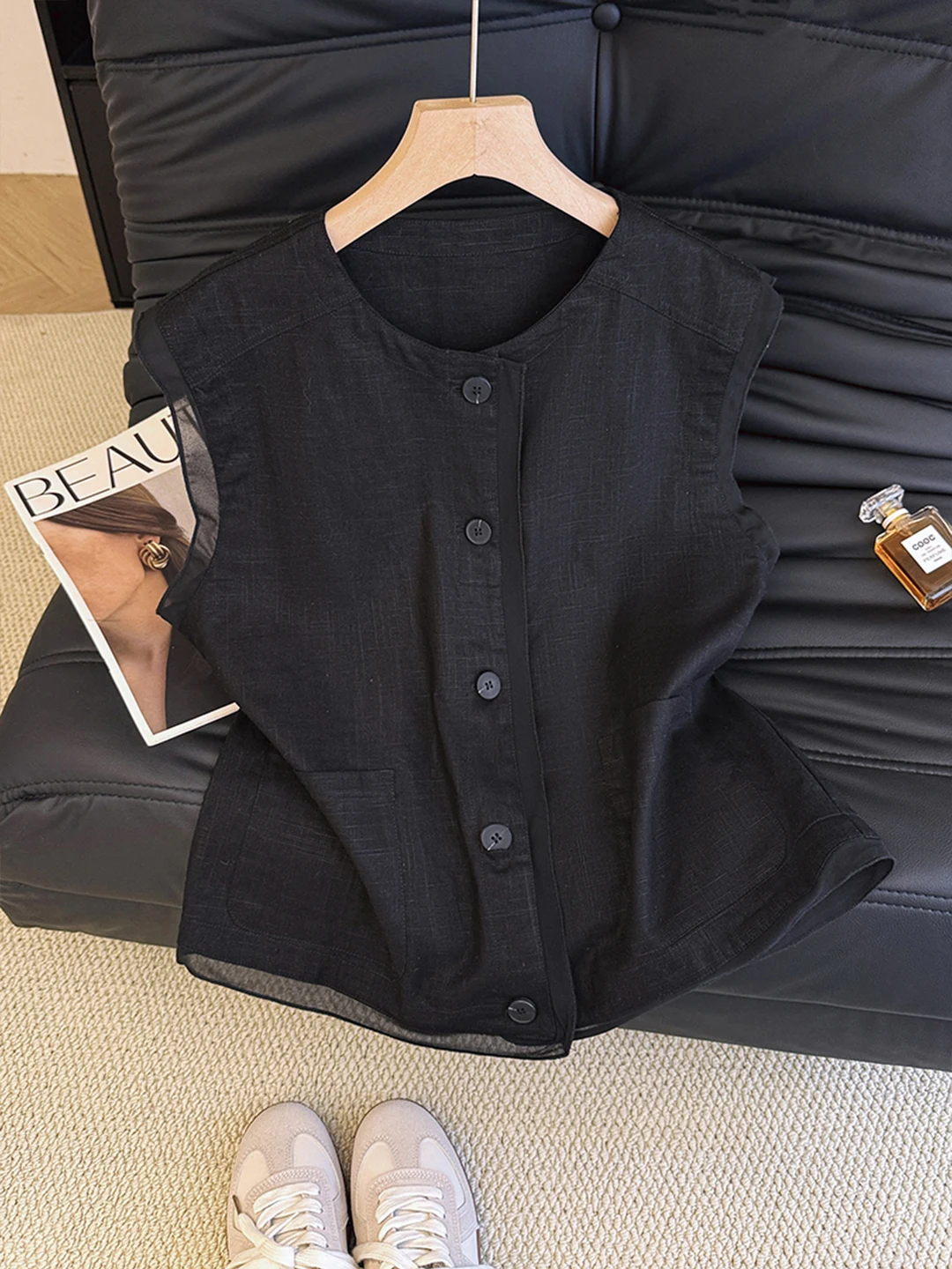 

Ele Cotton Linen Vest Women Summer Thin Loose Casual Layering Double ket Linen oulder Pad Vest Top Button Detail