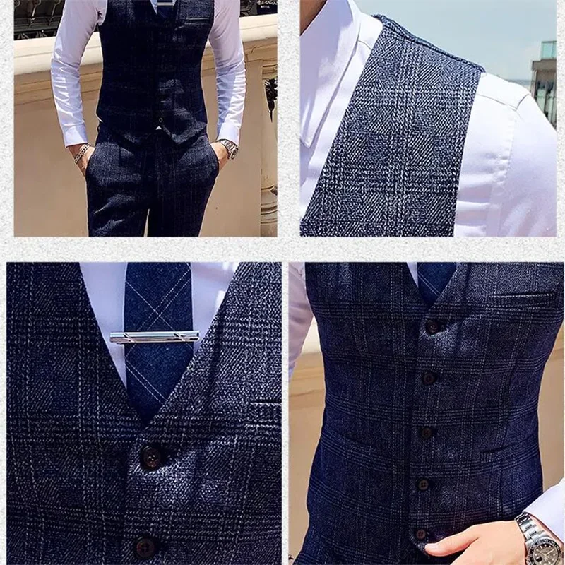 Blue Men's Stripe Plaid Suit Pants and Vest, Fashion Slim 2 Piece Set, Wedding/Party Trousers with Vests, Asian Size M-5XL