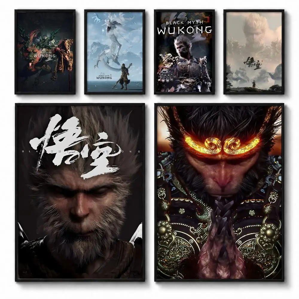 Cartoon B-Black Myth Wukong Poster Self-adhesive Art Waterproof Paper Sticker Coffee House Bar Room Wall Decor