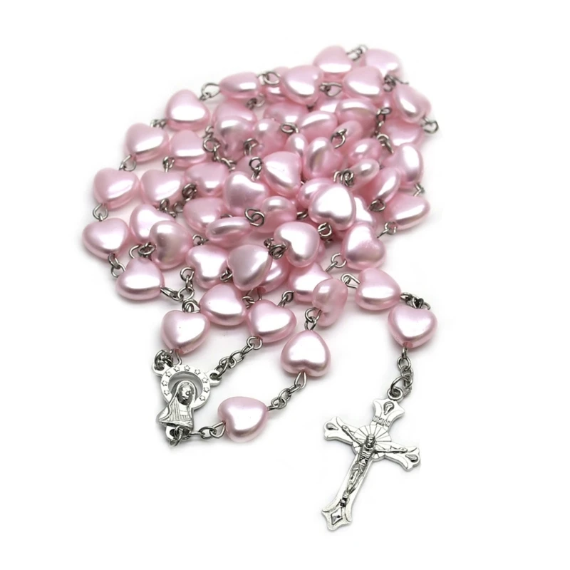 Catholic Cross Rosary Necklaces Pink Heart-shaped Beads Long Chain for Women Girl Jewelry Prayer Religious Meditation