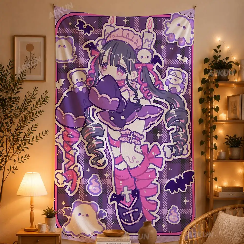 Pastel Goth Anime Girl Tapestry, Cute Spooky Ghost Bat Plaid Background Wall Hanging, Kawaii Dark Purple Pink Cartoon Decor