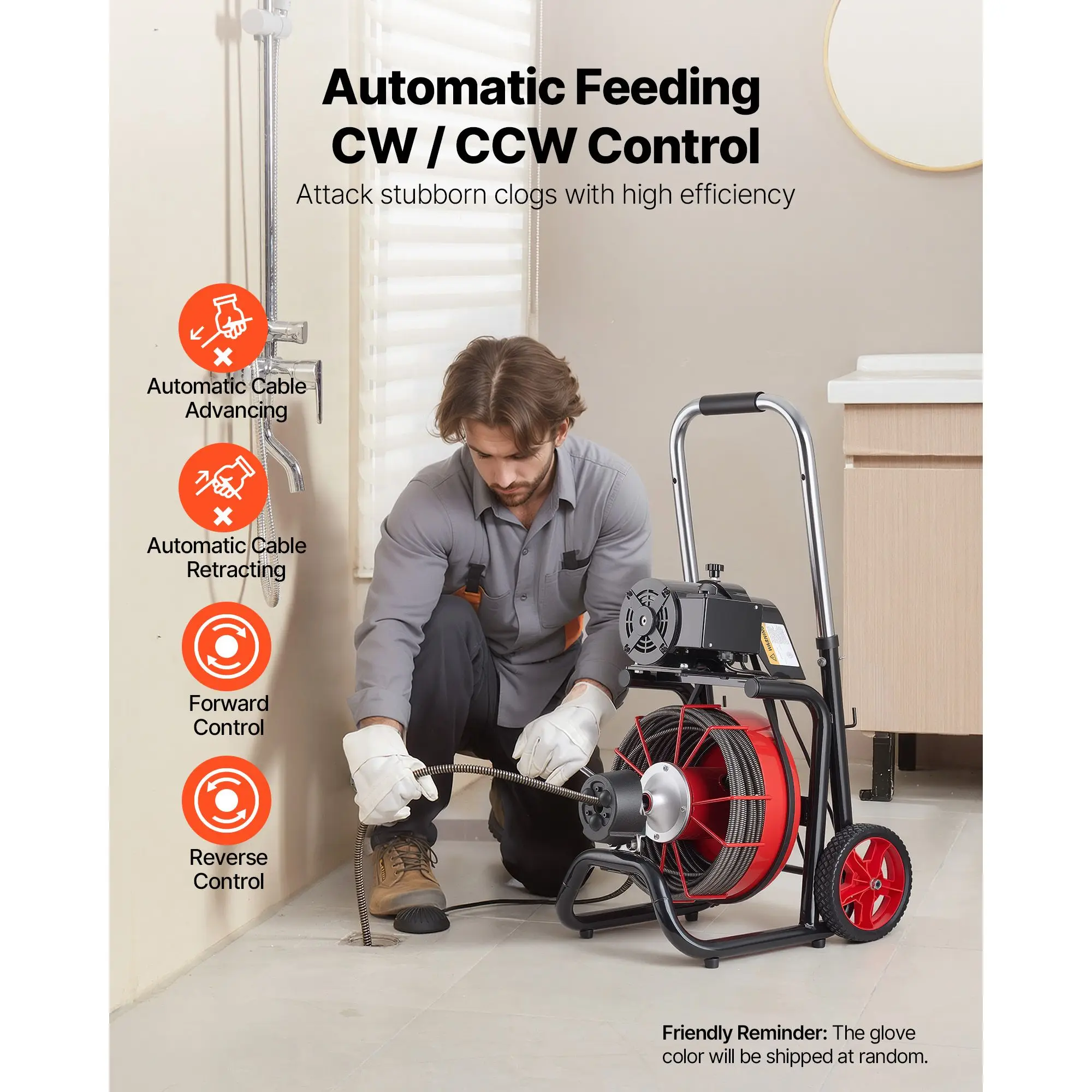 Drain Cleaner Machine 100 FT X 1/2 Inch, Auto Feed Sewer Snake Auger on Wheels - with 8 Cutters & Air-Activated Foot Switch for