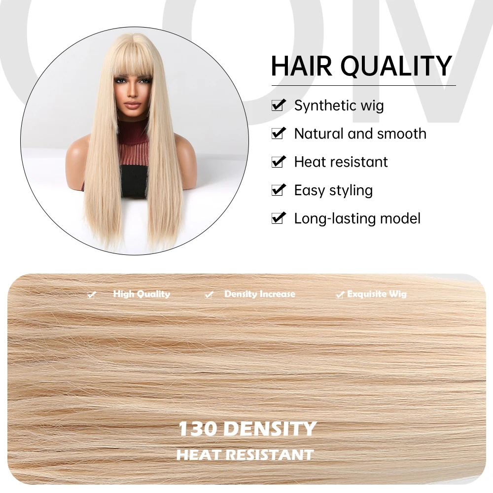 EASIHAIR Blonde Golden Long Straight Synthetic Wigs with Bangs Beige Lolita Hairs Wig for Women Daily Party Heat Resistant Fiber