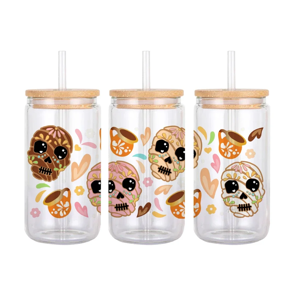 11x24cm Mini UV DTF Transfer Sticker Mexico Style Love Flowers Pattern Waterproof For 16oz Glass Cup Wrap Stickers