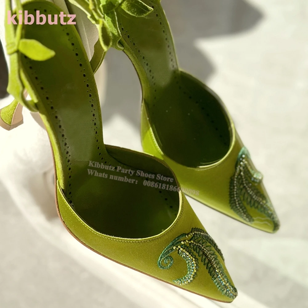 Décolleté in raso ricamo cinturino incrociato punta a punta tacchi gattino tinta unita verde moda elegante Sexy scarpe da donna Concise più nuove