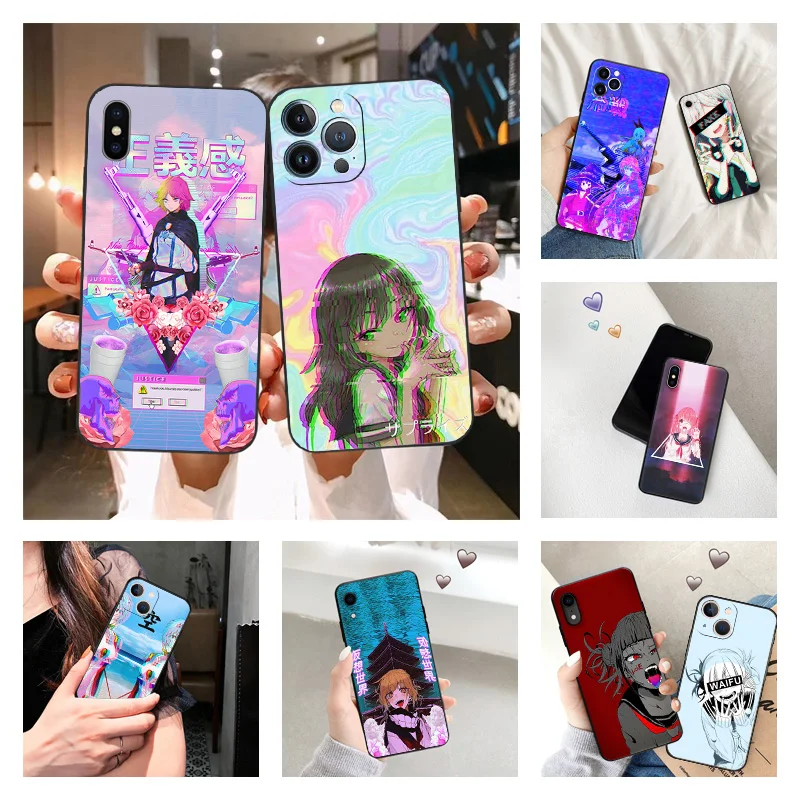 Black Matte Cell Phone Case For iphone 14 Pro Max 15 Plus 8 7 11 12 13 Mini 6 6s X XS XR SE Soft LEWD Vaporwave Girl Anime Cover