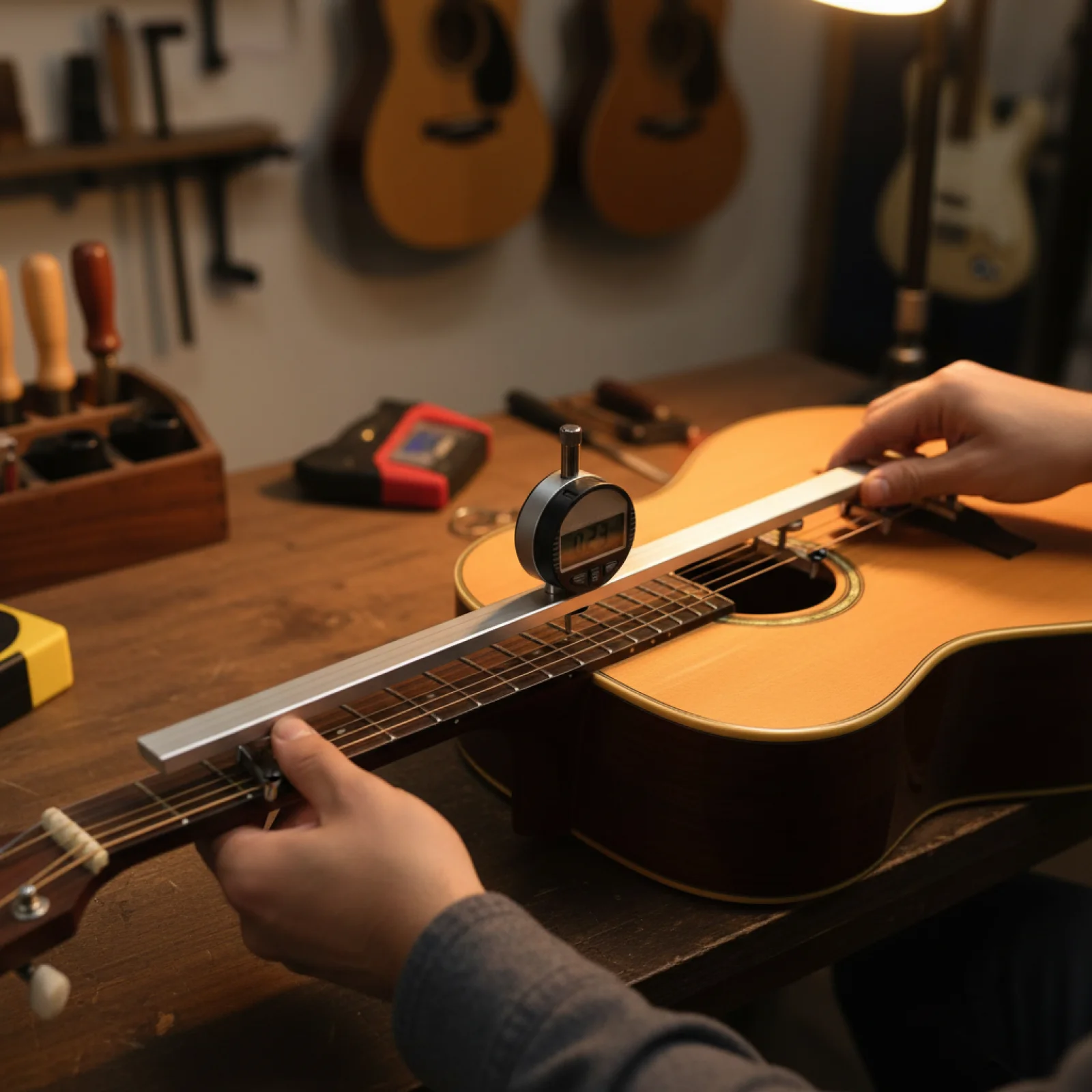 

Guitar Neck Measuring Ruler Electric Folk Aluminum Alloy Rod Neck Gauge Tool for String Action Adjustment and Bridge Setup