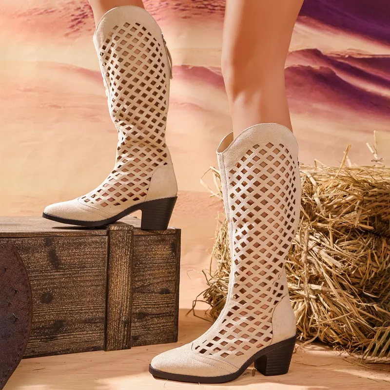 Plus-size hollow-out knee-high boots, pointed toe, block heel, breathable, commuter-friendly women's high boots, 2026 new style