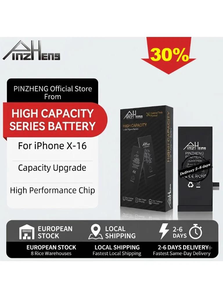 Bateria o dużej pojemności PINZHENG do iPhone X XR XS Max 11 12 13 Mini 14 15 Plus 16 Pro Max - bateria zamienna — 2
