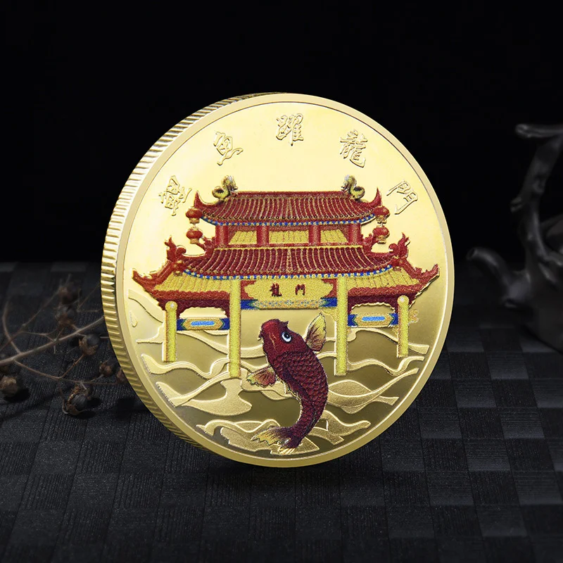 Chinese Coin Collectible Carp Leaping Dragon Gate Commemorative Medal for Good Luck Wealth Colorful Silver Coins Feng Shui