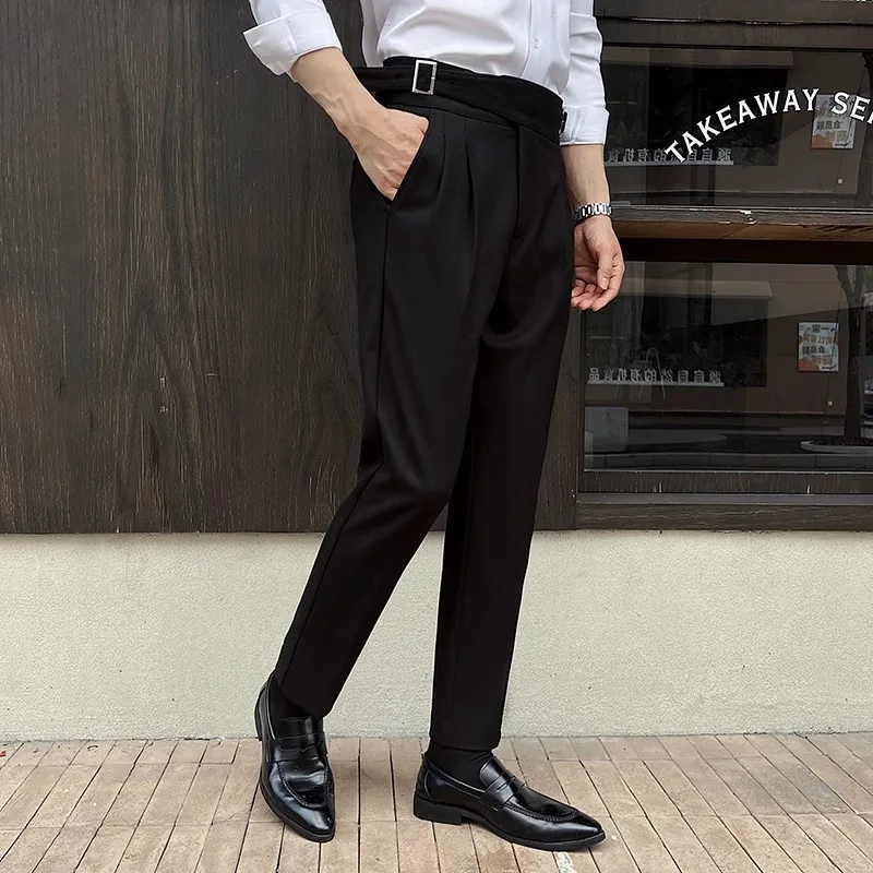 High Quality Thick Striped Suit Pants Men Gentlemen High Waisted Casual Dress Pants Office Social Wedding Party Trousers