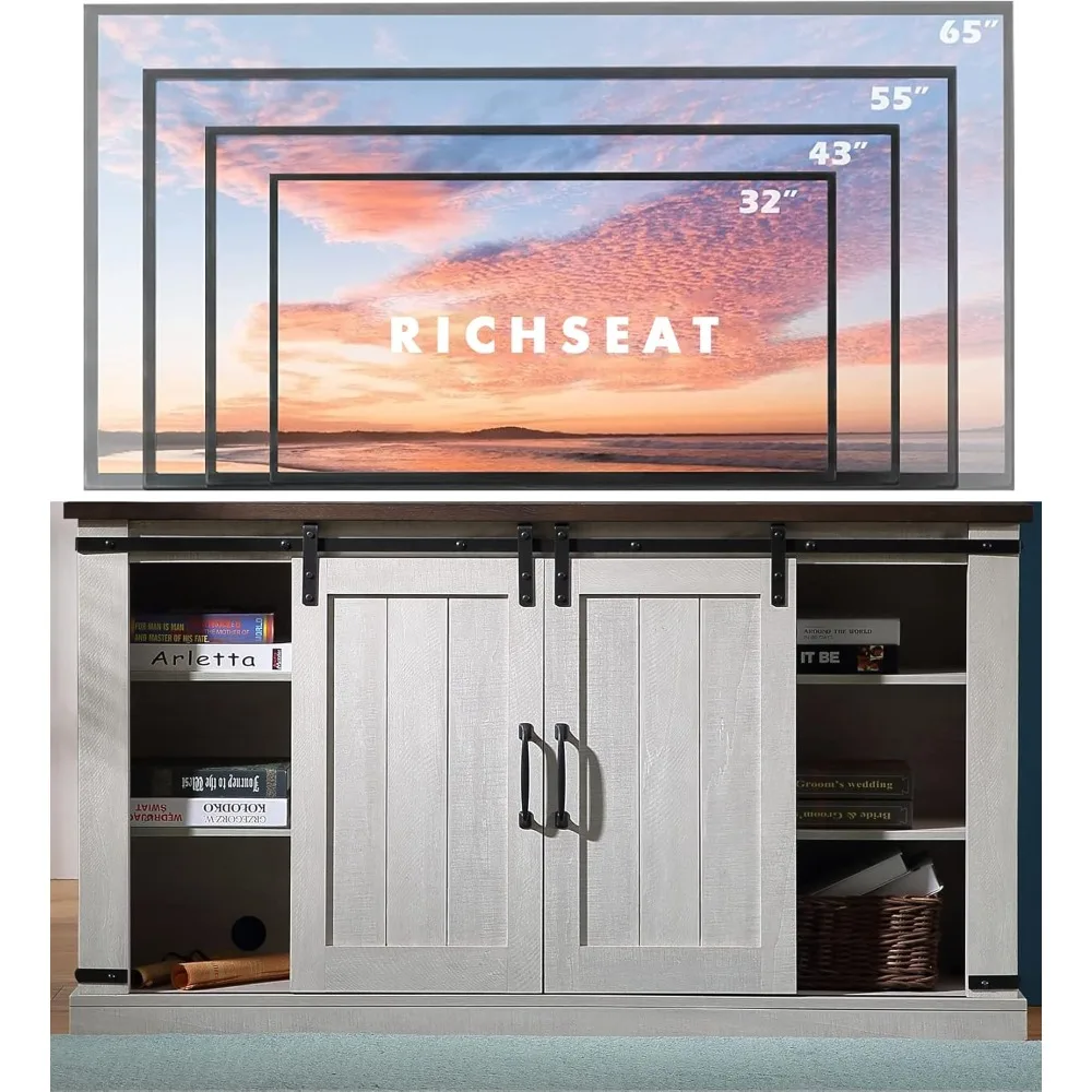 

White Grey Modern Farmhouse Wood TV Stand for 65 Inch TV, Rustic TV Console Media Entertainment Center Table Living Room Storage