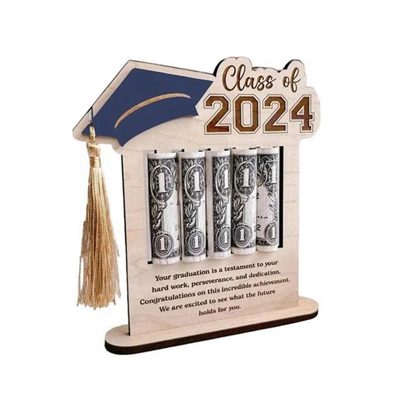 Money Card Holder 2024 Graduation Cash Holder Wooden Congrats Card Money Clip For Home Desktop Decor Party Favors Durable Blue