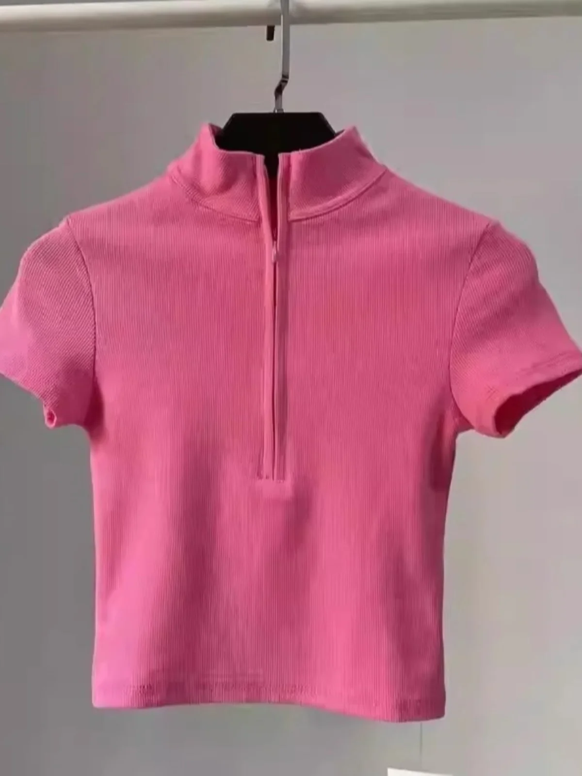 

Женская хлопковая футболка-топ с коротким рукавом и молнией, облегающая, в корейском стиле, с высокой талией, однотонная, в рубчик