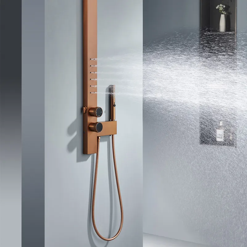 2026 Hot Sale Bathroom Brass Waterfall Rainfall Thermostatic Triple Handle Brushed Shower Set Slide Bar Panel Wall Mounted view 2