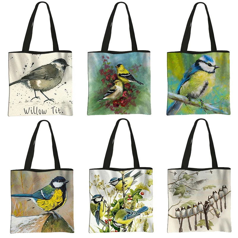 Coal Tit /Pigeons Silkie Chicken Print Shoulder Bag Bird Watching Ornithologist Shopping Bags Large Capacity Handbag Shopper Bag