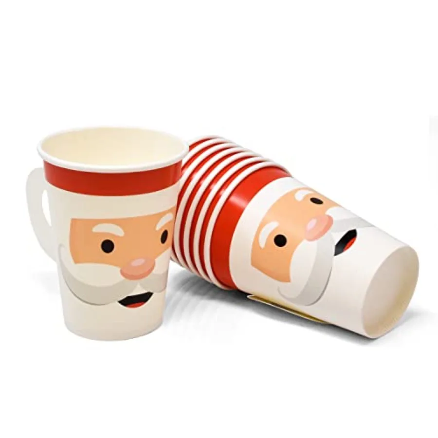 50 Pc Christmas Disposable Paper Cups with Handles 9oz Santa Face Beverage Drinking Cup for Winter Xmas Festive Holiday Table P