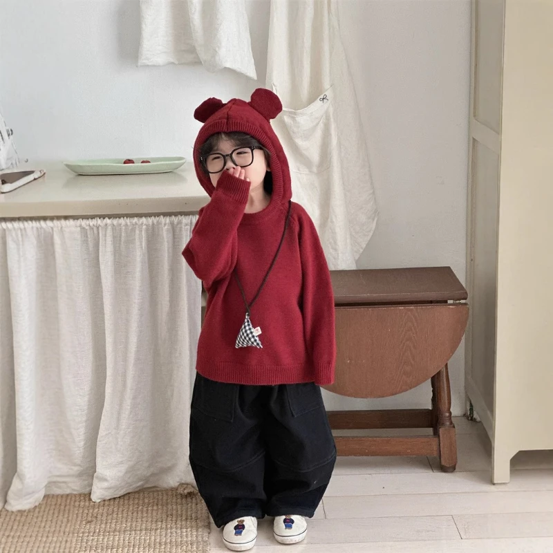 

2025 Design Winter New Children's Solid Color Hooded Warm and Stylish Knitted Sweater