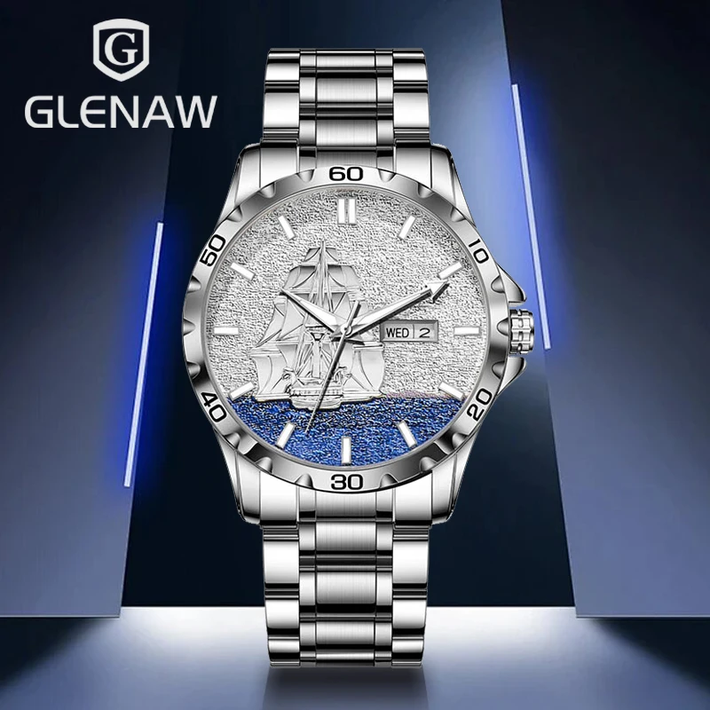 

GLENAW Design NEW mechanical watch men luxury luminous Sail dial waterproof automatic watch stainless steel strap high-quality