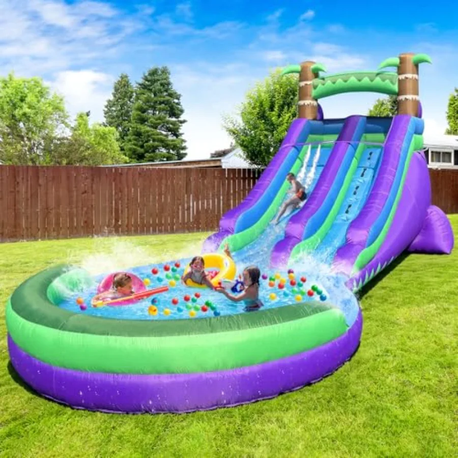 

Grade Inflatable Water Slide for Kid Backyard Party Large Swimming Pool Wet Dry Use Summer Splash Fun Rain Forest Color with Be