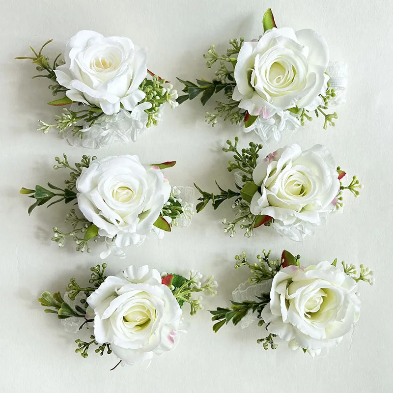 Boutonniere Artificial Flowers White Silk Roses Corsage Pins Buttonhole Wedding Accessories Wrist Corsage Bracelet Bridesmaid