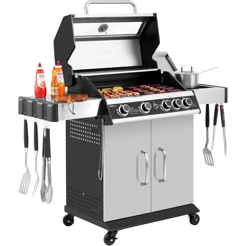 

4-Burner Propane Gas Grill with Side Burner, Cabinet Style Grill with Glass Viewing Window, Porcelain-enameled Cast Iron Grate