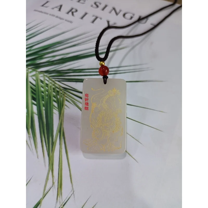 Natural Gold Silk Jade Zhongkui Pendant White Jade Pixiu Necklace Three Sheep Kai Tai Hanging Ornament Unisex Simple Square Pend