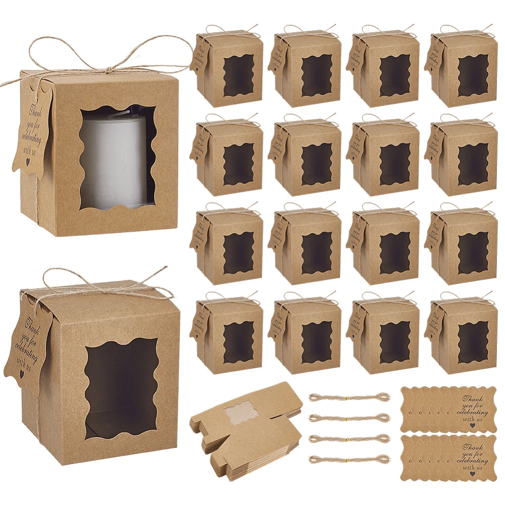 50pcs Candle Gift Boxes Paper Gift Boxes 3.35x3.35x3.94inch Small Packaging Box with Visible Window Tags and Ropes for 10oz
