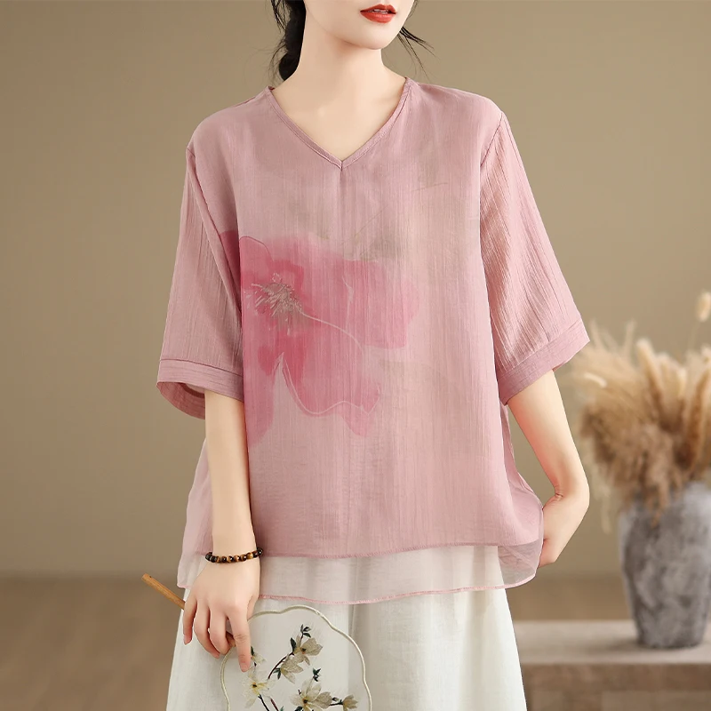 QOERLIN Summer V-Neck Short Sleeve Shirts Women 2025 New Loose Casual Tops Blouse Female