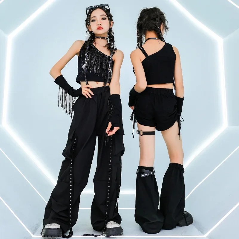 New Girls Jazz Dance Clothes Kids Black Tops Pants Cheerleading Dance Performance Costumes Teenagers Hip Hop Street Dance Suit