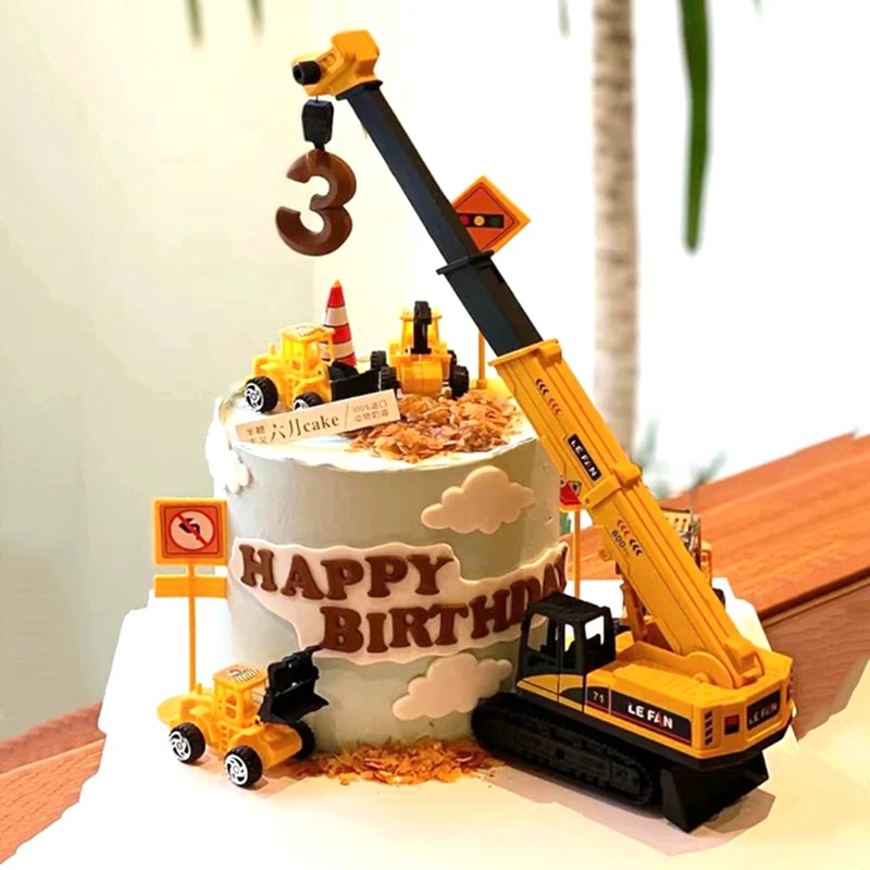 Excavator Tractor Happy Birthday Cake Topper Construction Party Cake Decor Kids Boy One Year Birthday Boy 1st Baby Shower Cake